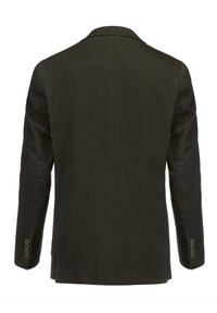 Black tailored blazer with a smooth texture, single back vent, and four-button accents on the cuffs. Classic lapel design and structured shape.