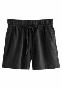 Pantalones cortos de lino negros con cintura elástica, cordón ajustable y bolsillos laterales. La tela tiene un acabado texturizado y un corte relajado.