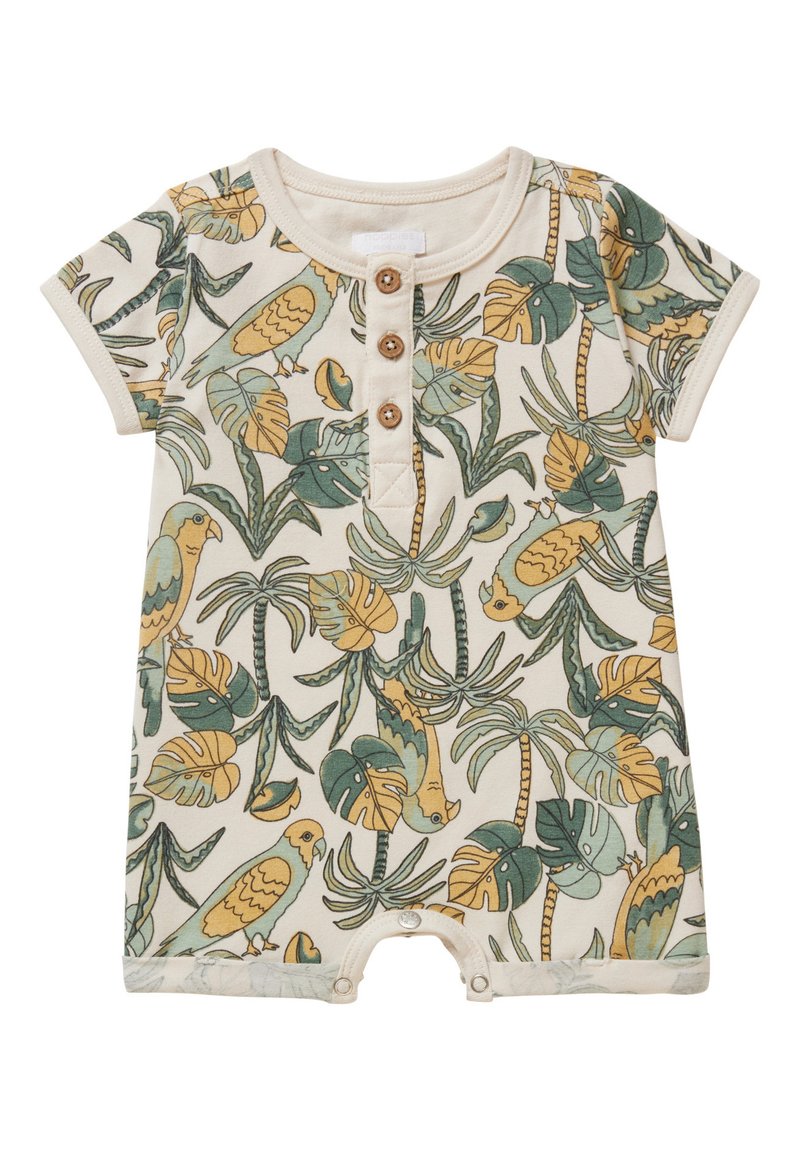 Kurze Overall aus cremiger Baumwolle mit einem tropischen Vogel- und Palmblattmuster in Grün und Gelb, versehen mit drei braunen Knöpfen am Hals.