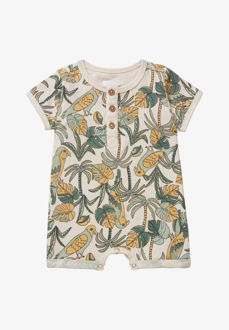 Kortærmet jumpsuit i cremet bomuld med mønster af tropiske fugle og palmeblade i grøn og gul, med tre brune knapper ved halsen.