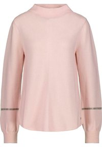Pullover rosa chiaro a maniche lunghe con una sottile texture a coste, colletto alto e dettagli a strisce scure vicino ai polsini.