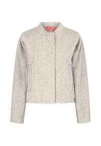 Grau strukturierte Jacke mit rundem Ausschnitt, langen Ärmeln und Seitentaschen. Verfügt über ein unifarbenes Design und ein kontrastierendes Innenfutter.