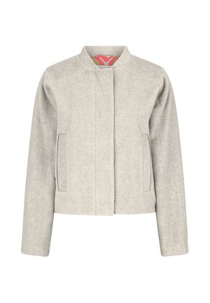 Veste grise légère avec un col arrondi, deux poches latérales et un design simple. Tissu texturé avec une finition lisse.