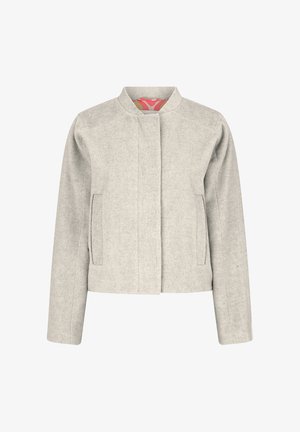 Grå, tekstureret jakke med rund halsudskæring, lange ærmer og sidelommer. Har et ensfarvet design og kontrasterende inderfor.