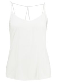 Camiseta sin mangas blanca con tirantes delgados y un delicado detalle en forma de T en la parte posterior.