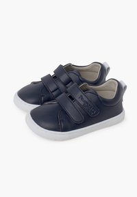 Navy blue synthetic leather shoes with two velcro straps, white rubber sole, round toe, and padded interior.