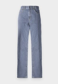 Striped blue denim jeans with wide-leg design, high waist, five pockets, and metal button closure. The fabric has a textured finish.