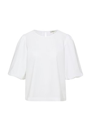 Blouse blanche avec encolure ronde et manches courtes bouffantes, fermeture au dos avec bouton clé, design simple et élégant.