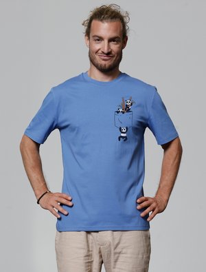 Light blue cotton t-shirt featuring a panda graphic with chopsticks and foliage in a pocket design. Short sleeves and round neckline.