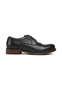 Black leather dress shoe with a rounded toe, textured upper, and five eyelet lace-up design. Brown wooden sole with black rubber tread.