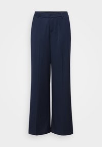 Marineblauwe wijde broek gemaakt van een gladde stof. Heeft een rechte voorkant met plooien en een klassieke tailleband voor een formele uitstraling.