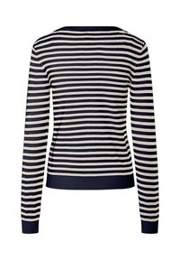 Μπλε σκούρο και κρεμ ριγέ πουλόβερ με μακριά μανίκια, στρογγυλή λαιμόκοψη και πλεκτά μανσέτες. Το ύφασμα φαίνεται λείο με εφαρμοστή σχεδίαση.