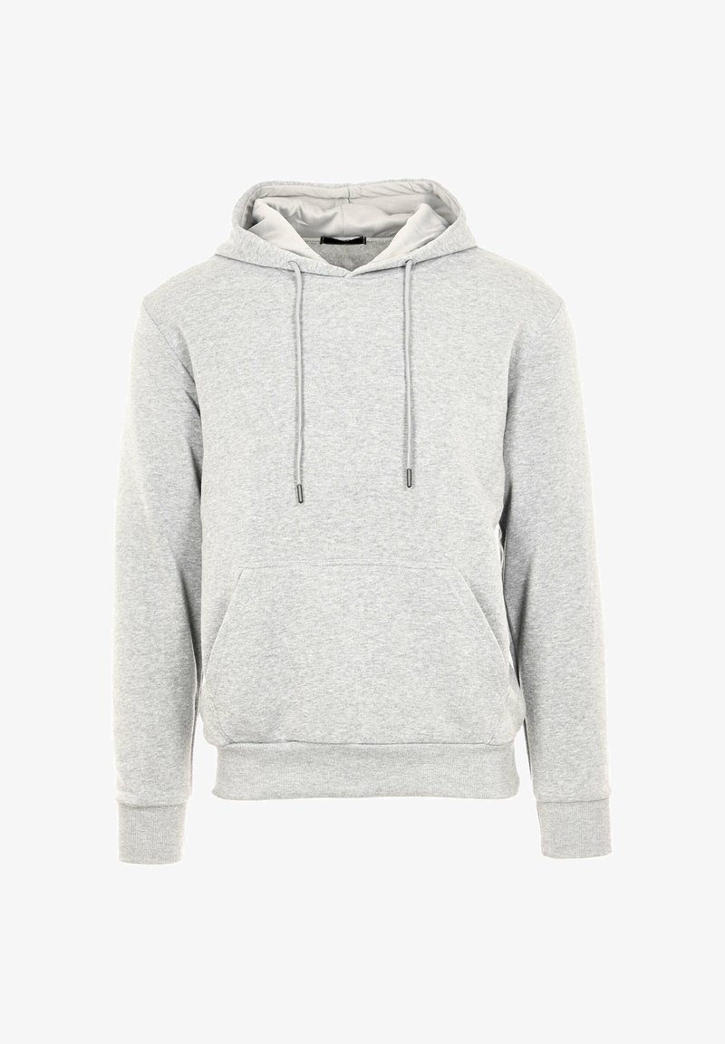 Felpa grigia realizzata in tessuto morbido, dotata di tasca a marsupio, cappuccio regolabile con coulisse e polsini e orlo a coste.