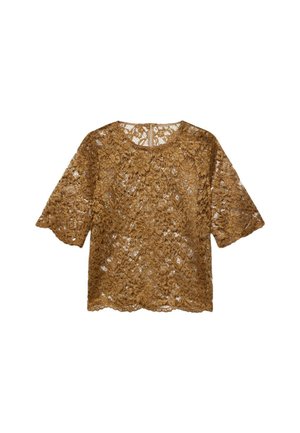 Top in pizzo di un caldo colore marrone, con orlo scallop, maniche corte e colletto rotondo, caratterizzato da un intricato motivo floreale.