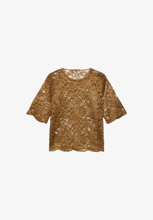 Lace top in een warme bruine kleur, met een scalloped zoom, korte mouwen en een ronde halslijn, voorzien van een ingewikkeld bloemenpatroon.