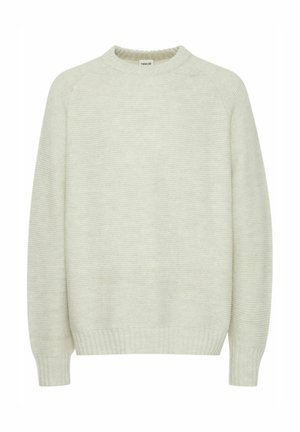 Light gray knit sweater with a round neckline, ribbed cuffs and hem, and a subtle textured pattern throughout the fabric.