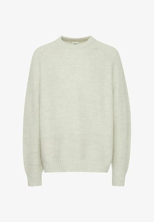 Light gray knit sweater with a round neckline, ribbed cuffs and hem, and a subtle textured pattern throughout the fabric.