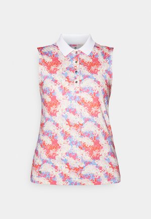 Tričko bez rukávov s bielym golierom, s farebným abstraktným vzorom v ružovej, modrej a krémovej farbe. Zapínanie na gombík pri krku.