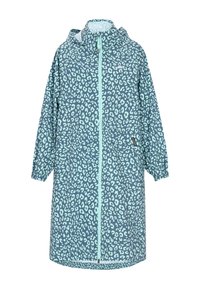 Pelerină de ploaie ușoară, de culoare verde-ceanță, cu model leopard, închidere cu fermoar pe toată lungimea, manșete elastice și buzunare laterale. Textură netedă a materialului.