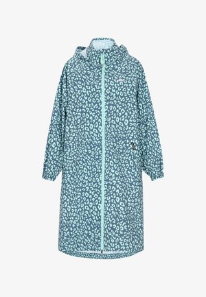 Könnyű, világoszöld esőkabát leopárdmintával, teljes cipzáras záródással, elasztikus mandzsettákkal és oldalzsebekkel. Sima anyagtextúra.