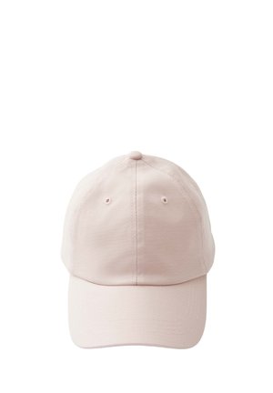 Casquette de baseball en coton rose clair avec visière incurvée, bouton sur le dessus et deux trous d'aération sur les panneaux avant, sur fond blanc.
