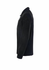 Giacca in suede nero con taglio dritto, colletto abbottonato e una tasca sul petto. Il materiale ha una texture liscia e una finitura opaca.