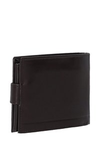 Bruine leren portemonnee met een gladde textuur, opvouwbare ontwerp en een geïntegreerde sluiting. Heeft zichtbare stiksels en een Gepolijste afwerking.