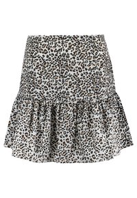 Falda en estampado de leopardo, fabricada en un tejido ligero, con un dobladillo con volantes y una cintura elástica para mayor comodidad. Predominantemente beige con manchas negras y marrones.