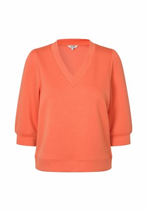 Korallszínű narancssárga V-nyakú pulóver háromnegyedes ujjakkal, bordázott mandzsettával és szegéllyel.