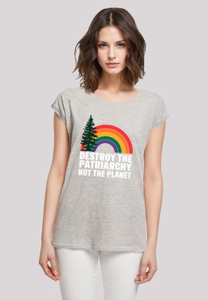 Gray T-shirt with短 sleeves, featuring a rainbow graphic and trees, text reads: "DESTROY THE PATRIARCHY NOT THE PLANET."