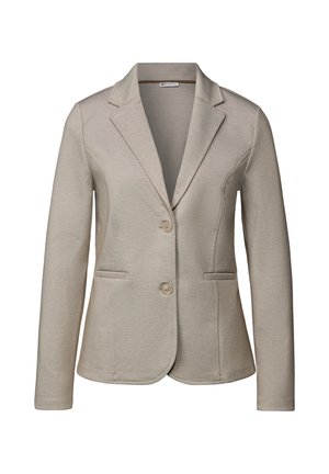 Beige kavaj i texturerad tyg, med slagkrage, tvåknappsstängning, två framfickor och långa ärmar.