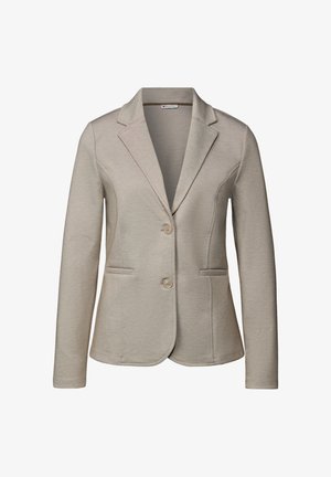 Beige blazer made of textured fabric, featuring a notched lapel, two-button closure, two front pockets, and long sleeves.