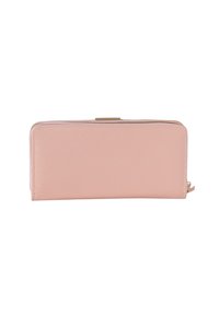 Ljusrosa läderplånbok med en slät textur, dragkedjestängning och rektangulär form. Inga synliga mönster eller hårdvarudetaljer.