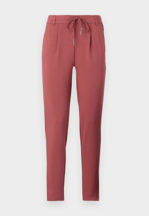 Pantaloni color rosa con vita regolabile, gambe affusolate, parte anteriore plissettata e texture liscia e morbida. Progettati per una vestibilità comoda.