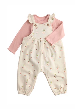 Crema chiaro nel complesso con motivi floreali rossi e blu, caratterizzato da bretelle arricciate e uno strato sottostante a maniche lunghe rosa. Materiale in cotone morbido.