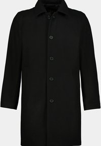 Cappotto di lana nera con colletto, chiusura a cinque bottoni, maniche lunghe e tasche laterali. Tessuto liscio e design su misura.