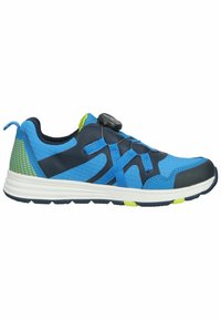 Scarpa atletica blu con tomaia in rete e materiale sintetico, suola in gomma, con accenti neri, dettagli verdi e un sistema di allacciatura rapida.