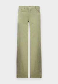 Pantalons en velours côtelé vert clair avec une coupe droite, dotés de poches avant et d'une fermeture à bouton en métal à la taille.