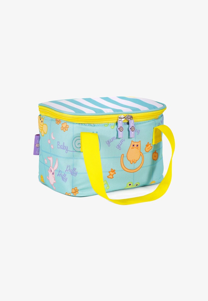 Weiche Kühlertasche mit gelben Trägern, blau-weiß gestreiftem Deckel und cartoonhaften Tier- und Obstmotiven auf hellblauen Seiten.