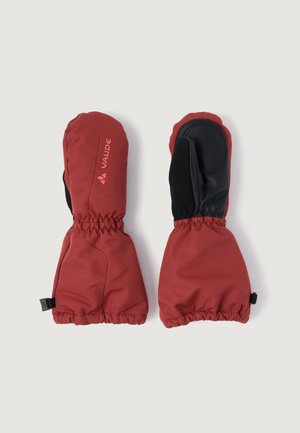 Raudoni izoliuoti pirštinės su elastinėmis riešų juostomis, juodi sukibimo pleistrai delnuose ir "Vaude" logotipas ant vienos pirštinės nugaros, padėti ant baltos fono.