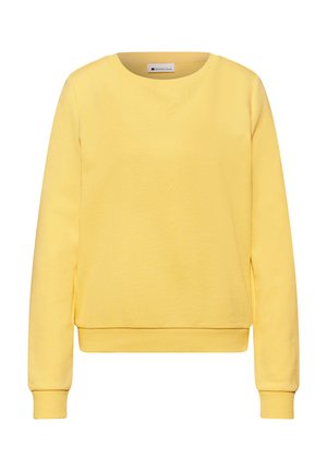 Schlichtes gelbes Sweatshirt mit Rundhalsausschnitt, langen Ärmeln sowie gerippten Bündchen und Saum, auf weißem Hintergrund dargestellt.