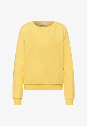 Schlichtes gelbes Sweatshirt mit Rundhalsausschnitt, langen Ärmeln sowie gerippten Bündchen und Saum, auf weißem Hintergrund dargestellt.