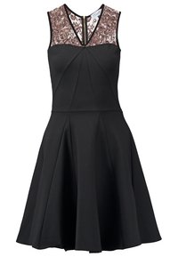 Robe noire sans manches avec jupe évasée, empiècement en dentelle à motif floral, encolure en V et fermeture éclair au dos.