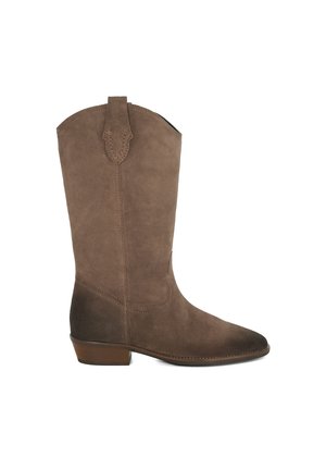 Botte de cowboy en suède marron avec un bout pointu, des coutures décoratives, une tirette et un petit talon empilé. Texture lisse sur l'ensemble.