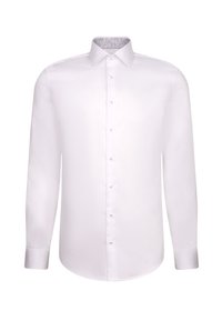 Chemise blanche à manches longues pour homme avec un col pointu et des boutons sur le devant, présentée sur un fond uni.