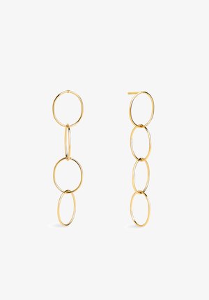 Goldene Creolen mit vier miteinander verbundenen kreisförmigen Formen in unterschiedlichen Größen, mit polierter Oberfläche und einfacher Post-Befestigung.