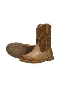 Brown leather ankle boots with floral cut-out details, a smooth toe, textured sole, and stitched edging. Features a side zipper for easy wear.