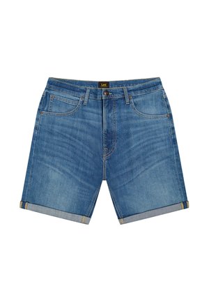 Blauwe denim shorts met opgerolde pijpen, voorzakken, riemlussen, een knoopsluiting en een Lee-merklabel op de taille.