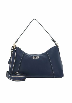 Borsa a mano in pelle blu navy Liu Jo Milano con logo dorato, manico superiore, tracolla a righe staccabile e ferrature dorate.