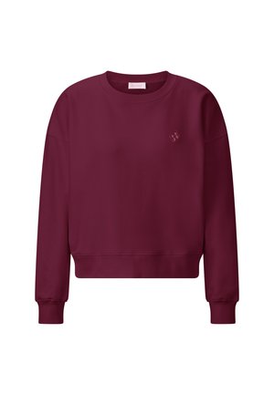 Burgundy sweatshirt with a crew neck, ribbed cuffs, and hem. Features a small, tonal logo on the chest. Soft fabric, relaxed fit.